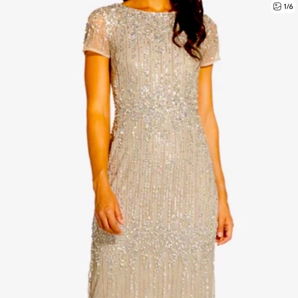 Adrianna Papell Glittering Silver Maxi Dress